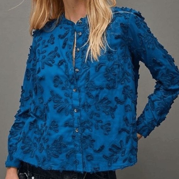 Anthropologie | Pilcro The Whitney Textured Trapeze Blouse Teal Blue Size Small - Picture 1 of 9